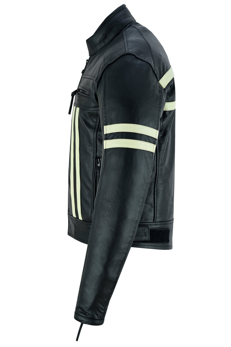 Cafe Racer Black Cruiser Motorcycle Leather Jacket Creme Stripe -