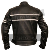 Cafe Racer Black Cruiser Motorcycle Leather Jacket Creme Stripe -