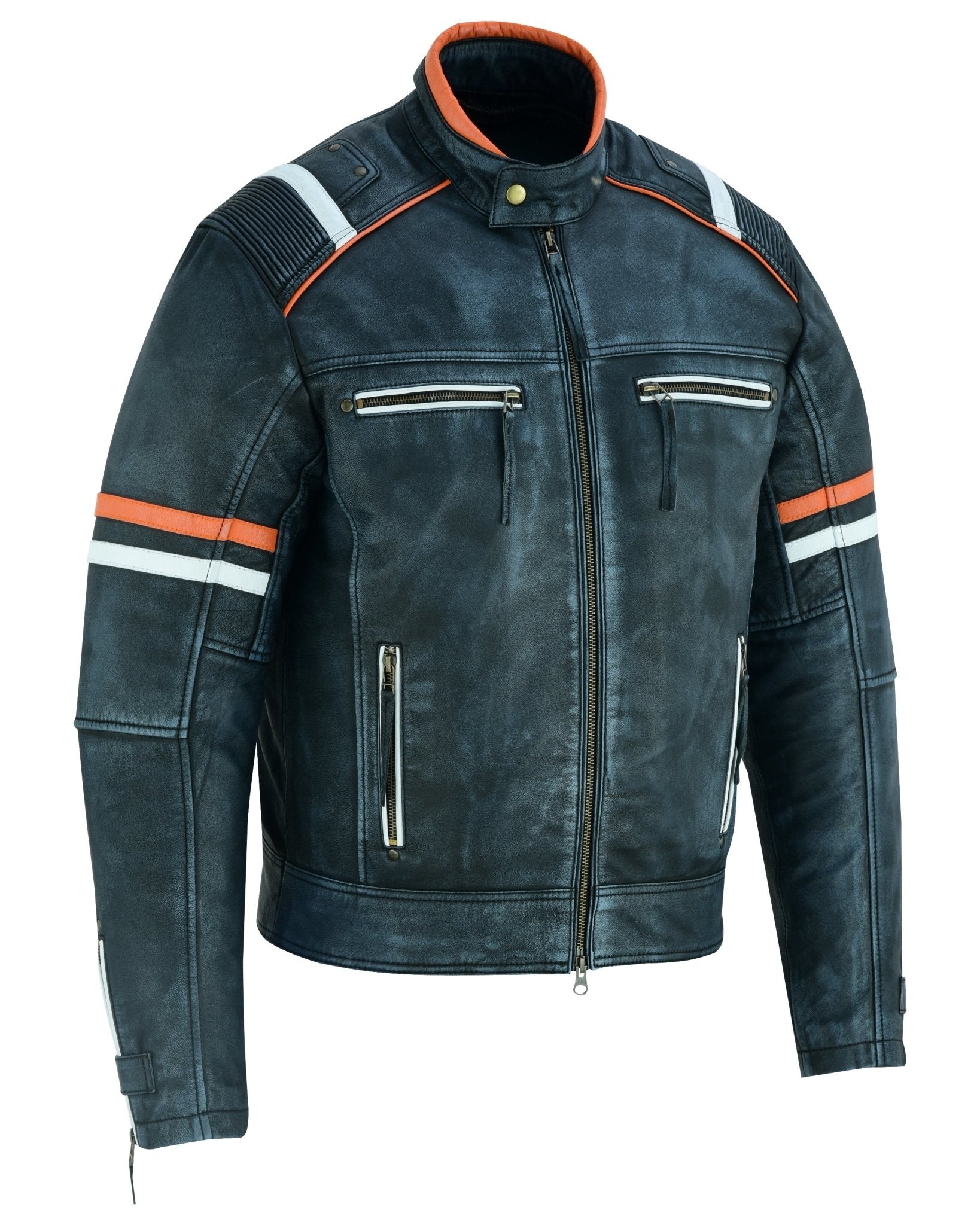 Cafe Racer Orange White Stripes Black Leather Biker Jacket Vintage Leather