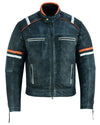 Cafe Racer Orange & White Stripes Black Leather Biker Jacket -