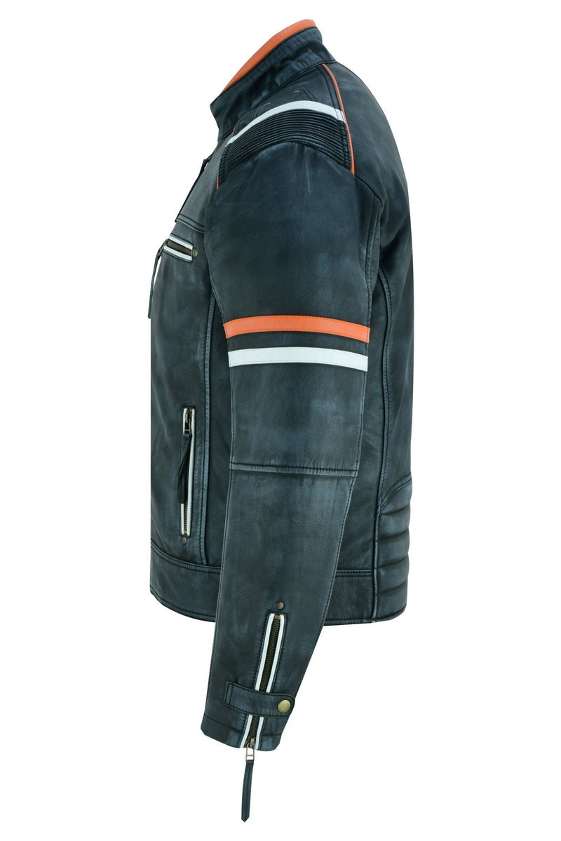 Cafe Racer Orange & White Stripes Black Leather Biker Jacket -