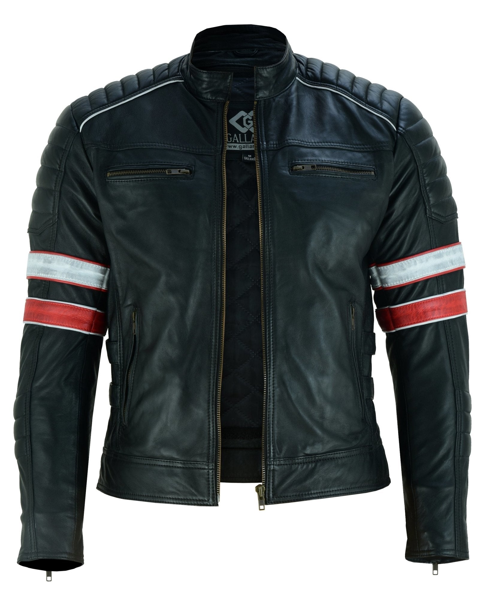 Cafe Racer Striped Black Leather Jacket Motorcycle Red White Stripes Vintage Leather