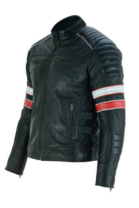 Cafe Racer Striped Black Leather Jacket -