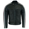 Classic Mens British Motorcycle Black Wax Leather Jacket Biker Red White Striped -