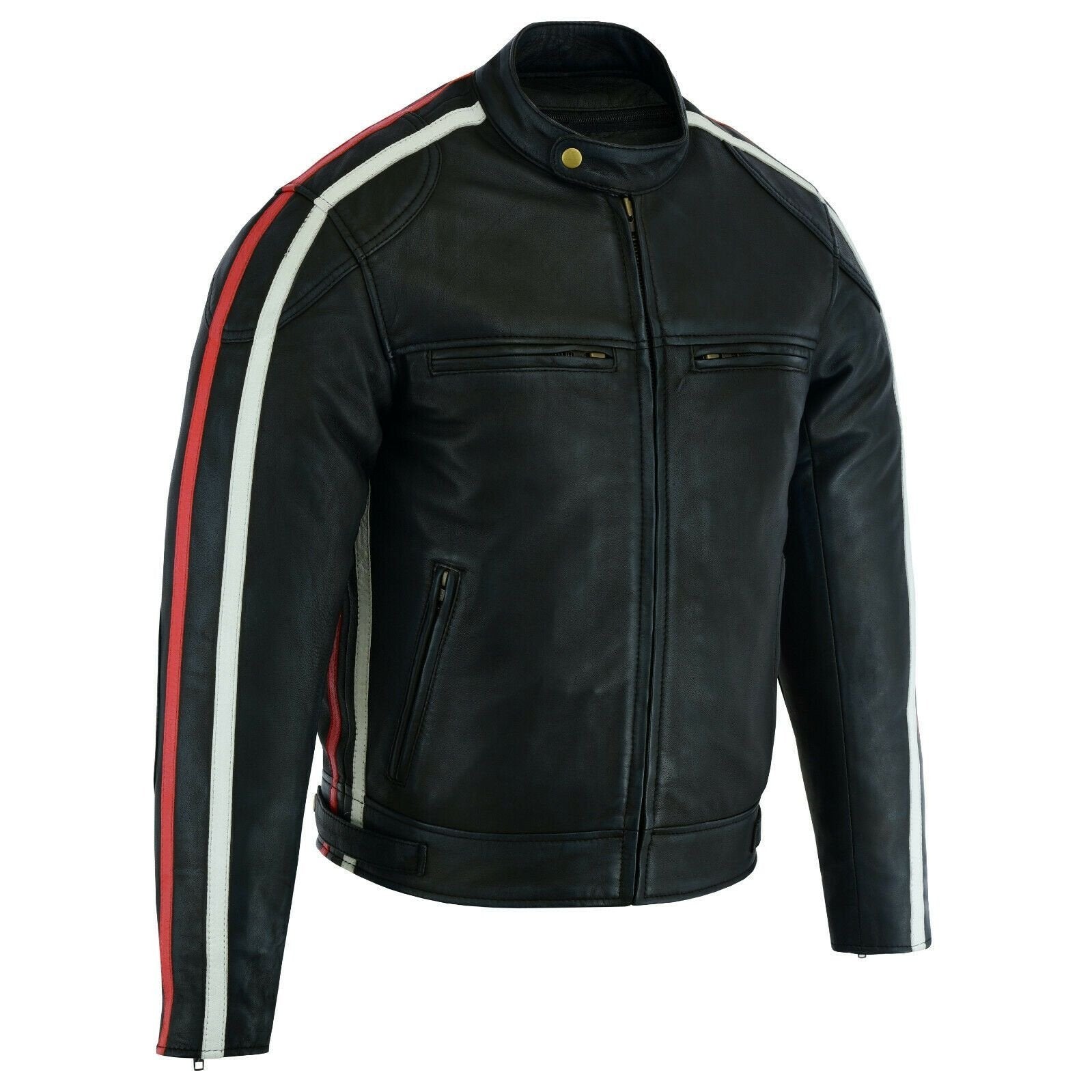 Black leather jacket with red and white stripes hotsell