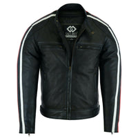 Classic Mens British Motorcycle Black Wax Leather Jacket Biker Red White Striped -