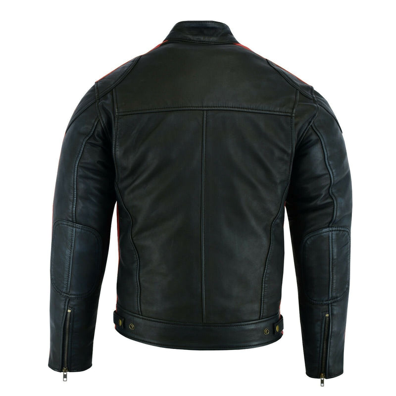 Classic Mens British Motorcycle Black Wax Leather Jacket Biker Red White Striped -