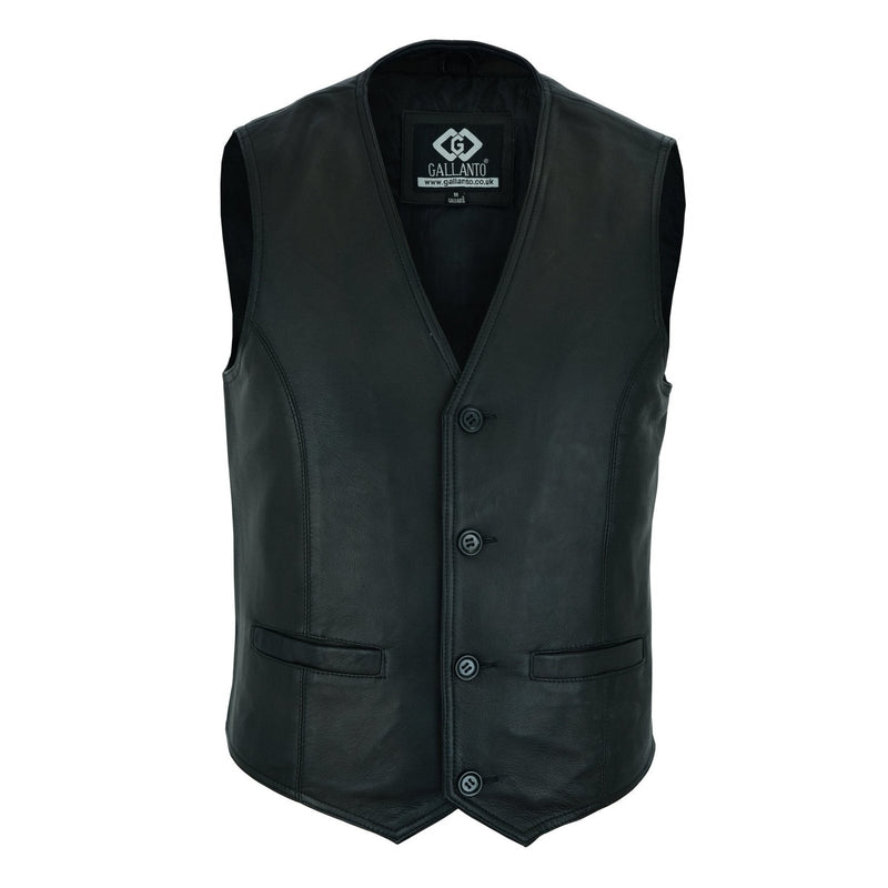 Classic Mens Buttoned Black Leather Waistcoat Vest -