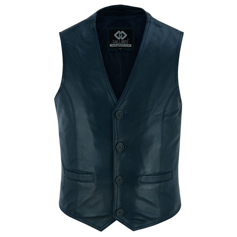 Classic Mens Buttoned Leather Waistcoat Biker Vest in Black, Brown, Tan or Blue -