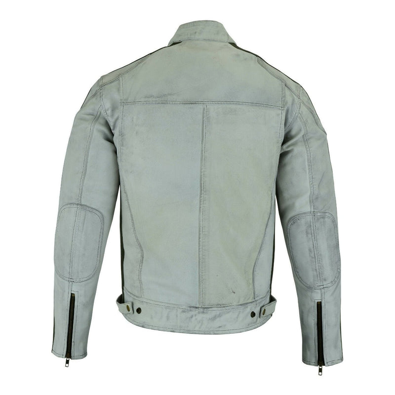 Classic Mens Dirty Grey Motorcycle Leather Jacket Biker Tan and Green stripes -