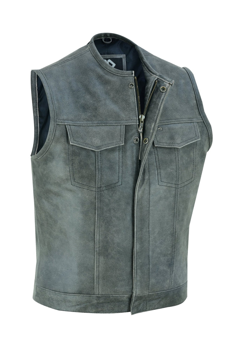 Collarless Sons of Anarchy Cut Off Cowhide Leather Vest Biker Motorcycle -