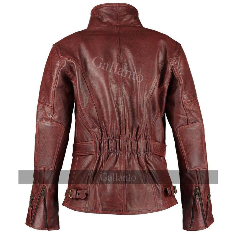 Distressed Red Demi Womens 3/4 Biker Leather Jacket -