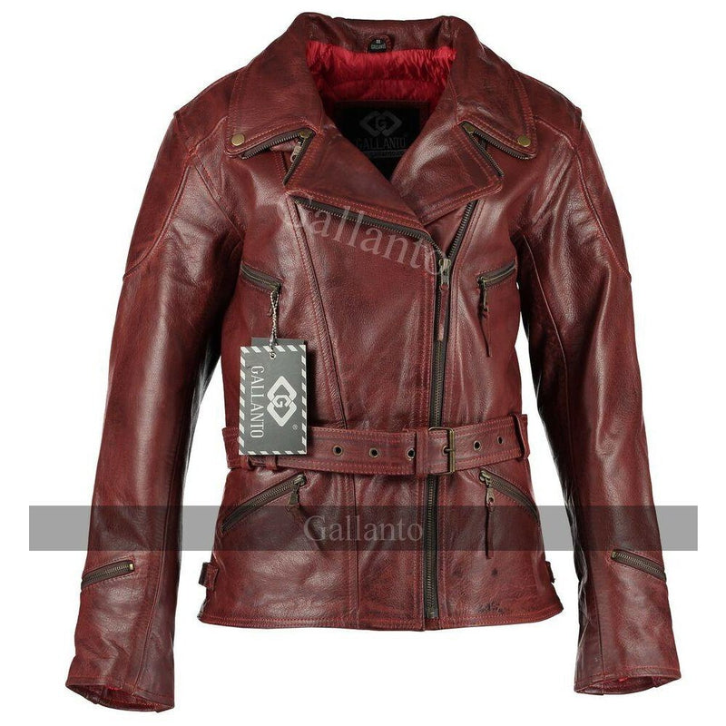 Distressed Red Demi Womens 3/4 Biker Leather Jacket -