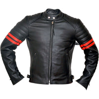 Fight Club 2 Red Striped Cafe Racer Style Retro Leather Jacket -