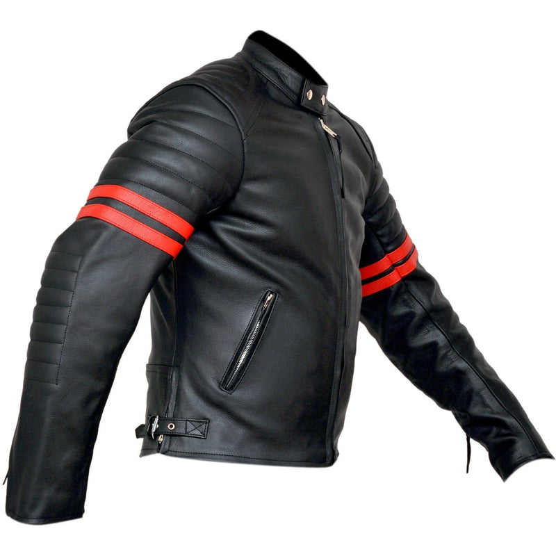 Fight Club 2 Red Striped Cafe Racer Style Retro Leather Jacket -