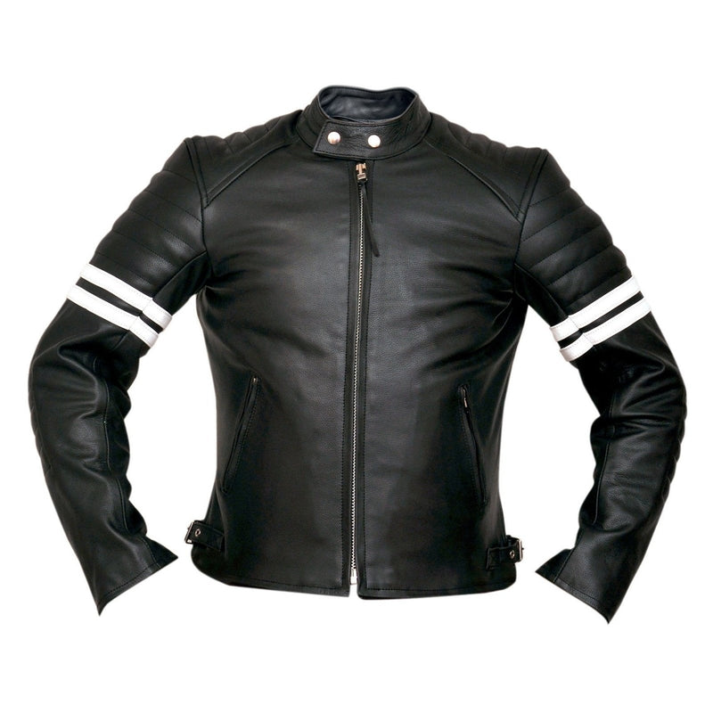 Fight Club 2 White Striped Cafe Racer Style Retro Leather Jacket -