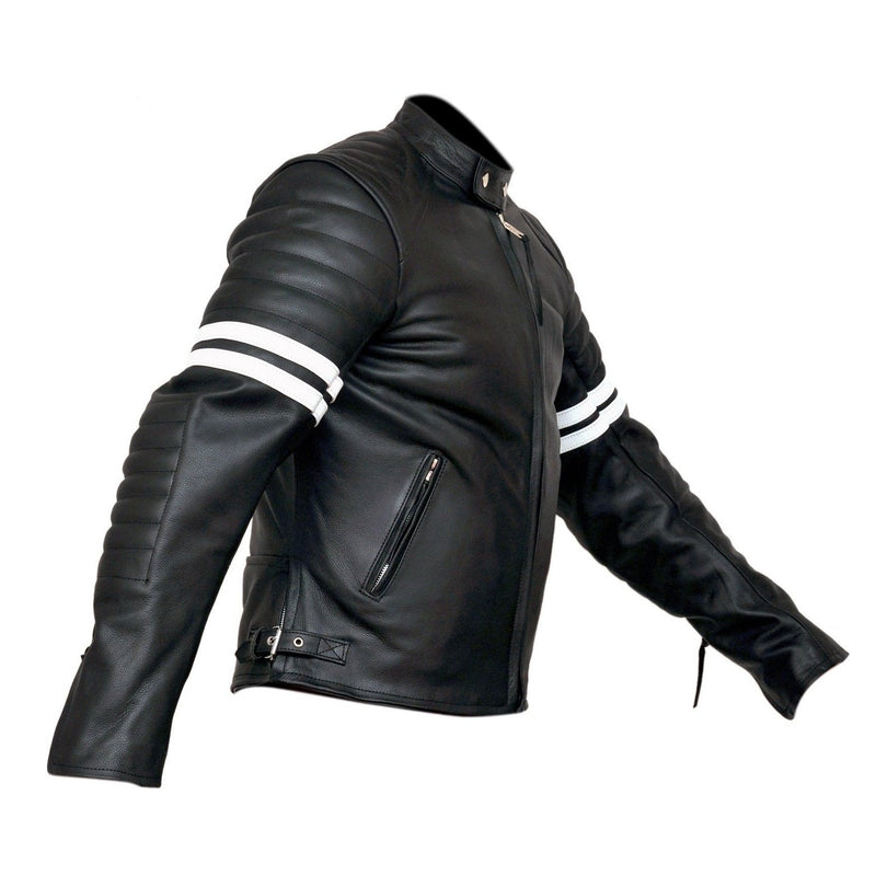 Fight Club 2 White Striped Cafe Racer Style Retro Leather Jacket -