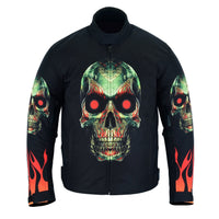 Flames and Skull Black Textile Fabric Motorcycle Biker Jacket -