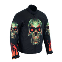 Flames and Skull Black Textile Fabric Motorcycle Biker Jacket -