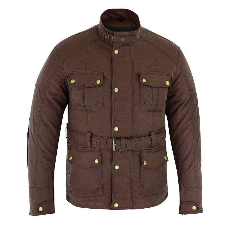 Gallanto Brown Wax Cotton Armoured Motorcycle Biker Long Waterproof Jacket -