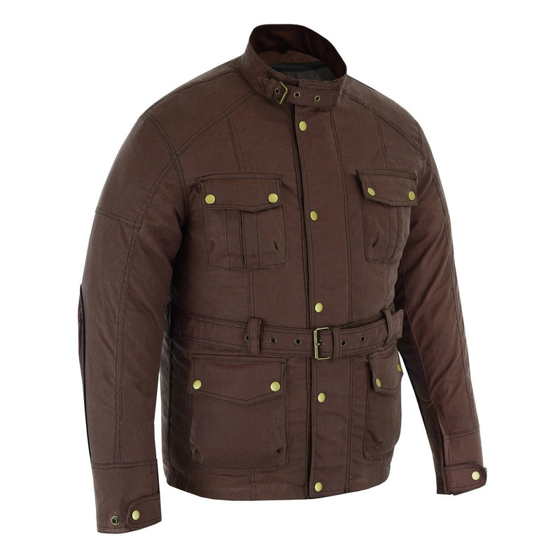 Gallanto Brown Wax Cotton Armoured Motorcycle Biker Long Waterproof Jacket -