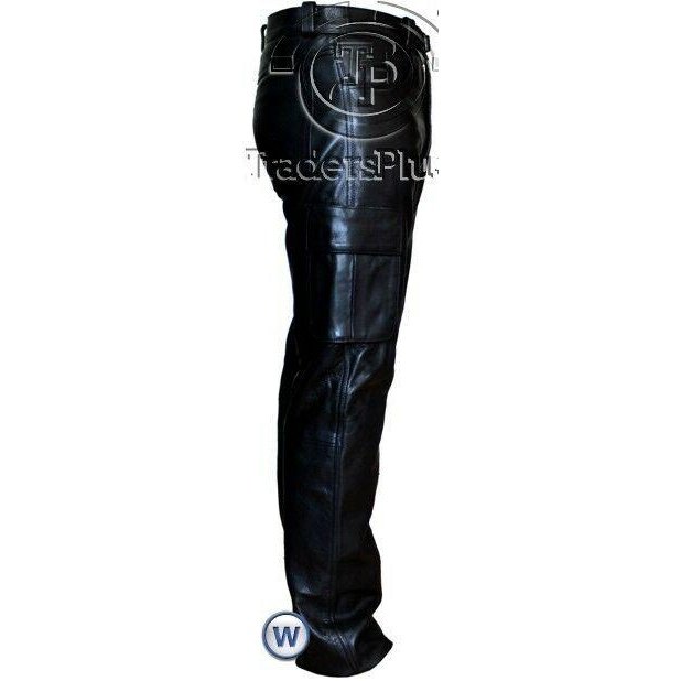 Mens 6 Pockets Jeans Style Black Combat Cargo Leather Trousers Pants -