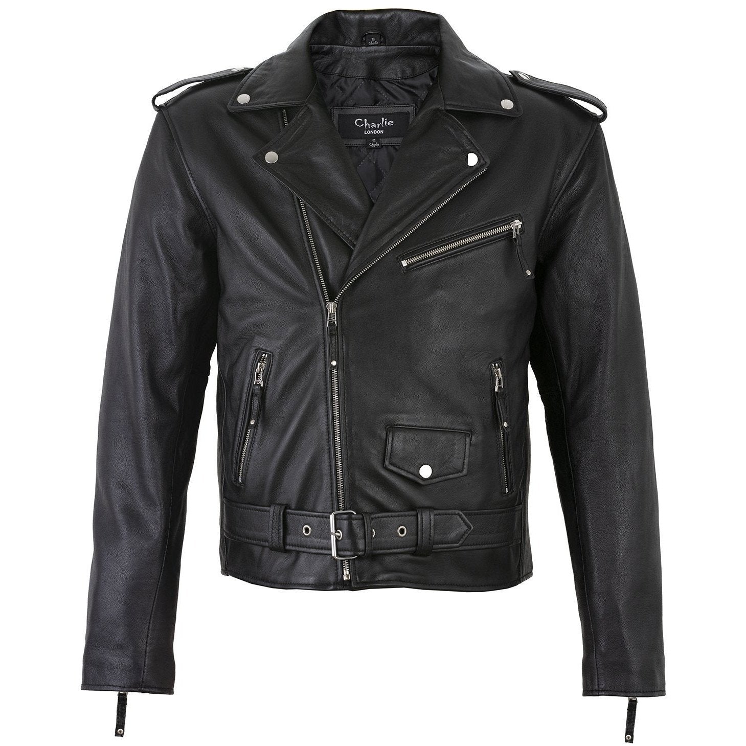 Men s Belted Cross Zip Brando Biker Black Leather Jacket