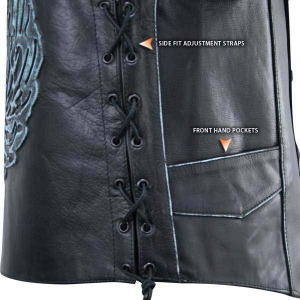 Mens Black Distressed Leather Biker Vest Waistcoat with Embossed Flying Skull -