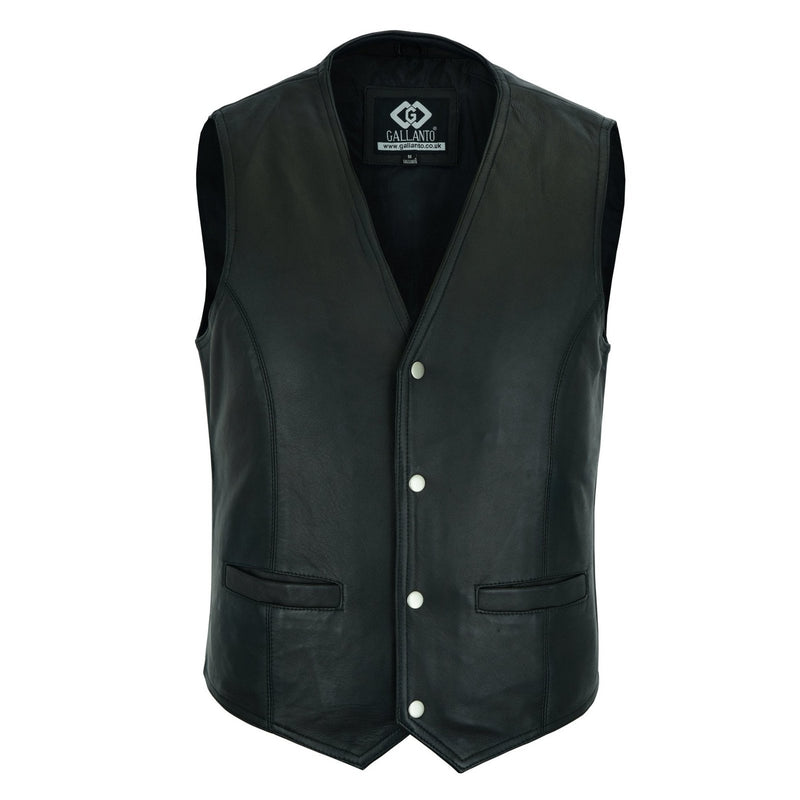 Mens Black Leather Waistcoat Vest with Snap Button -