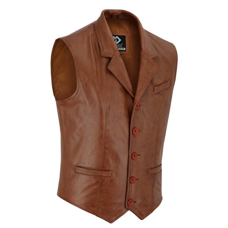 Mens Blazer Style Formal Tan Leather Waistcoat Vest -