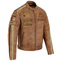 Mens British Motorcycle Black Wax Leather Badges Jacket Biker Tan Green Striped -