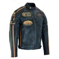 Mens British Motorcycle Black Wax Leather Badges Jacket Biker Tan Green Striped -