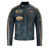 Mens British Motorcycle Black Wax Leather Badges Jacket Biker Tan Green Striped -