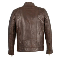 Mens Brown Leather Jacket with Front Zipper Closure -