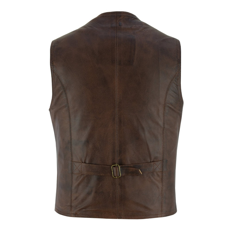 Mens Brown Leather Waistcoat Vest with Snap Button -