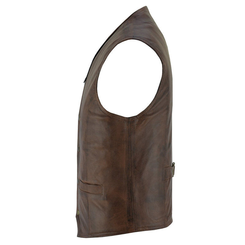 Mens Brown Leather Waistcoat Vest with Snap Button -