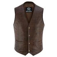 Mens Brown Leather Waistcoat Vest with Snap Button -