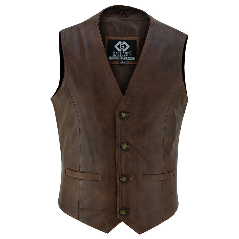 Mens Buttoned Classic Brown Soft Leather Waistcoat Vest -