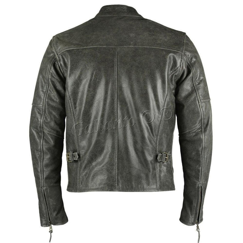 Men's Collarless Distressed Leather Biker Motorcycle Armoured Jacket -