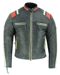 Men’s Distressed Orange Striped Motorcycle Cowhide Leather Jacket -