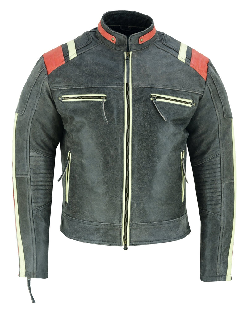 Men’s Distressed Orange Striped Motorcycle Cowhide Leather Jacket -