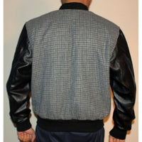 Mens Grey Tweed Casual Bomber Jacket with real leather sleeves -