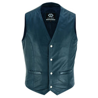 Mens Navy Blue Leather Waistcoat Vest with Snap Button -