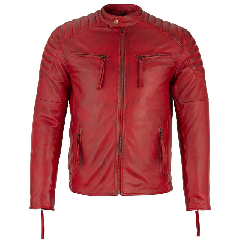 Mens Slim Fit Retro Style Biker Red Leather Jacket - Ivar -