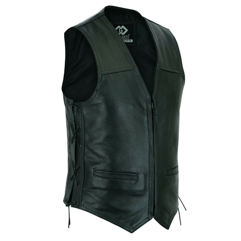 Side Lace Classic Mens Motorcycle Leather Vest Waistcoat with Zip in cowhide -