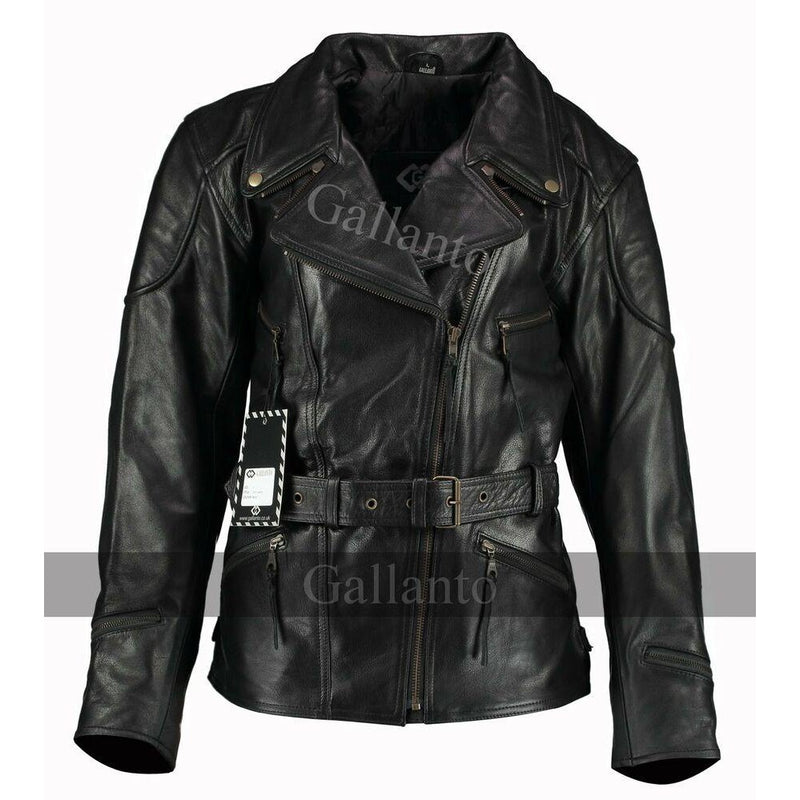 Vintage Black Demi Ladies 3/4 Biker Leather Jackets -