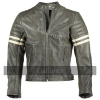 Vintage Fight Club Leather Biker Jacket with white stripes -