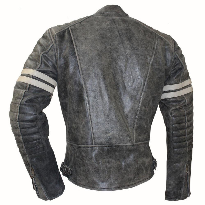 Vintage Fight Club Leather Biker Jacket with white stripes -