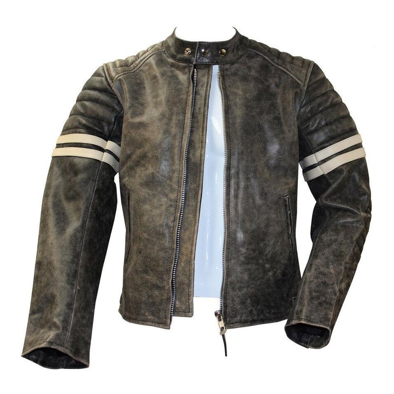 Vintage Fight Club Leather Biker Jacket with white stripes -