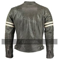 Vintage Fight Club Leather Biker Jacket with white stripes -